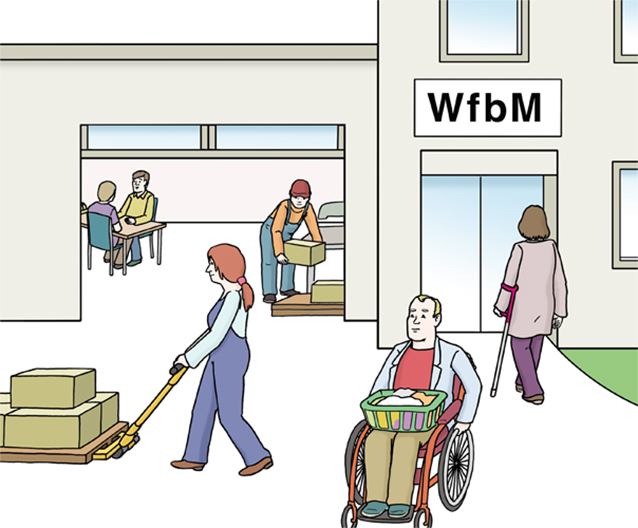 © Lebenshilfe für Menschen mit geistiger Behinderung Bremen e.V., Illustrator Stefan Albers, Atelier Fleetinsel, 2013. Das Foto zeigt verschiedene Menschen bei der Arbeit.