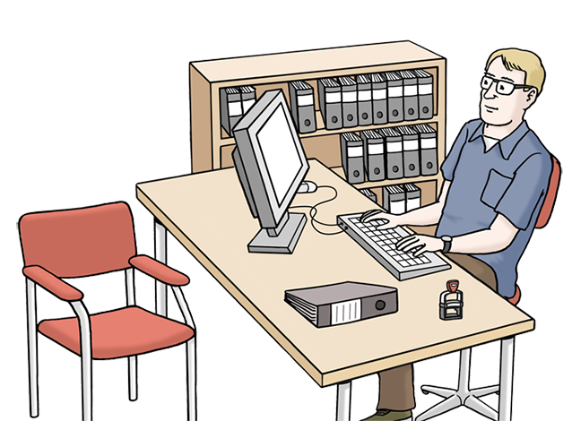 © Lebenshilfe für Menschen mit geistiger Behinderung Bremen e.V., Illustrator Stefan Albers, Atelier Fleetinsel, 2013. Das Foto zeigt einen Mann, der im Büro arbeitet.