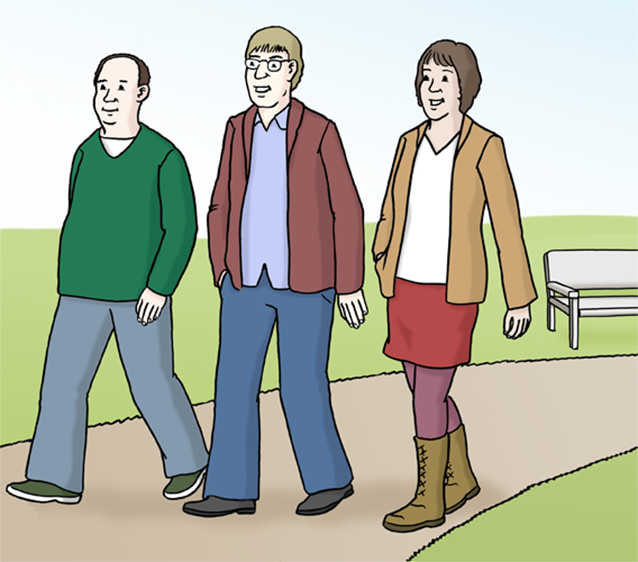 © Lebenshilfe für Menschen mit geistiger Behinderung Bremen e.V., Illustrator Stefan Albers, Atelier Fleetinsel, 2013. Auf dem Foto sind drei pilgernde Menschen zu erkennen.