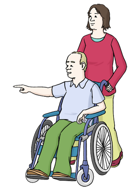 © Lebenshilfe für Menschen mit geistiger Behinderung Bremen e.V., Illustrator Stefan Albers, Atelier Fleetinsel, 2013. Ein Mann im Rollstuhl wird von einer Frau angeschoben.