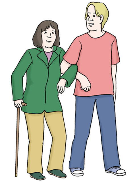© Lebenshilfe für Menschen mit geistiger Behinderung Bremen e.V., Illustrator Stefan Albers, Atelier Fleetinsel, 2013. Eine Frau, die einen Gehstock benutzt, wird von einem jungen Mann gestüzt.